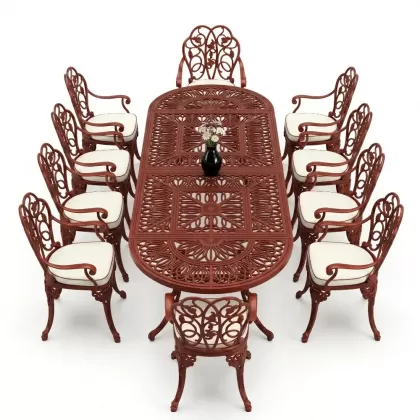 10 Kişilik alüminyum döküm masa sandalye takımı ferforje metal set Renk Kiremit Kırmızı