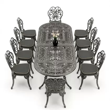 10 Kişilik alüminyum döküm masa sandalye takımı ferforje metal set Renk Silver Gümüş