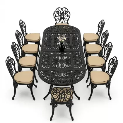 10 Kişilik alüminyum döküm masa sandalye takımı ferforje metal set Renk Siyah