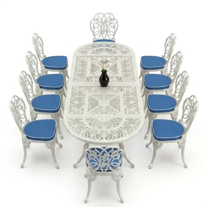 10 Kişilik alüminyum döküm masa sandalye takımı ferforje metal set Renk Beyaz