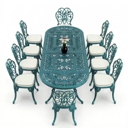 10 Kişilik alüminyum döküm masa sandalye takımı ferforje metal set Renk Turkuaz