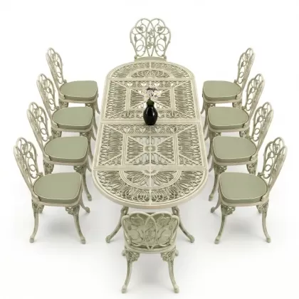 10 Kişilik alüminyum döküm masa sandalye takımı ferforje metal set Renk Yeşil Patina