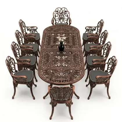 10 Kişilik alüminyum döküm masa sandalye takımı ferforje metal set Renk Bakır Eskitme