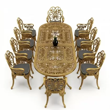 10 Kişilik alüminyum döküm masa sandalye takımı ferforje metal set Renk Gold Altın