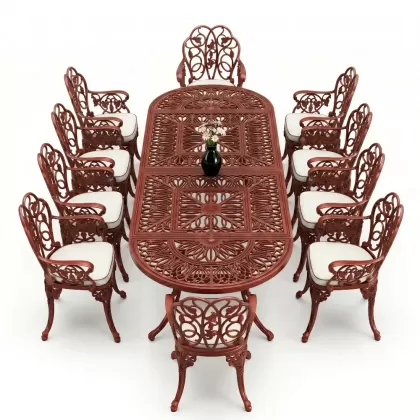 10 Kişilik alüminyum döküm masa sandalye takımı ferforje metal set Renk Kiremit Kırmızı