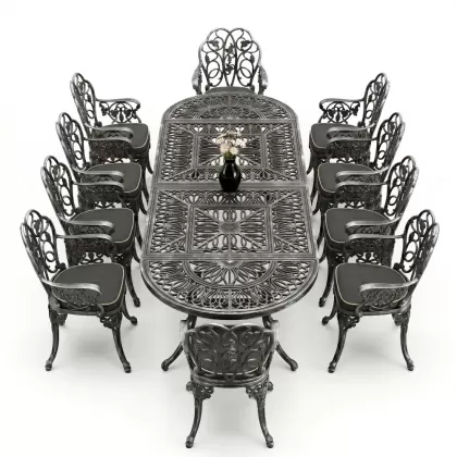 10 Kişilik alüminyum döküm masa sandalye takımı ferforje metal set Renk Silver Gümüş