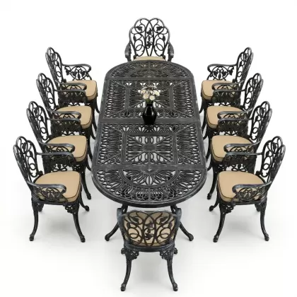 10 Kişilik alüminyum döküm masa sandalye takımı ferforje metal set Renk Siyah