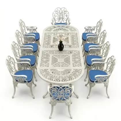 10 Kişilik alüminyum döküm masa sandalye takımı ferforje metal set Renk Beyaz