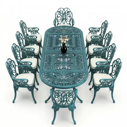 10 Kişilik alüminyum döküm masa sandalye takımı ferforje metal set Renk Turkuaz