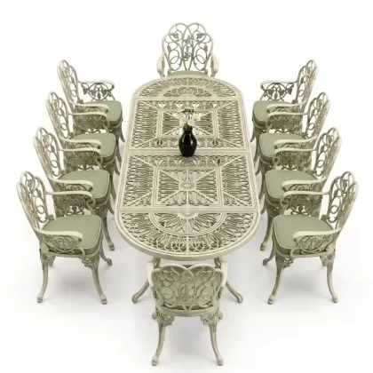 10 Kişilik alüminyum döküm masa sandalye takımı ferforje metal set Renk Yeşil Patina