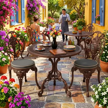 Yuvarlak alüminyum döküm masa gül motifli 2 kişilik ferforje masa seti bakır eskitme mekanda