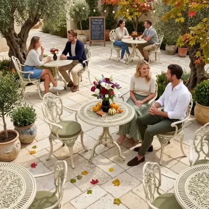 Yuvarlak ferforje döküm masa 2 kişilik sandalye seti yeşil beyaz patina sahada