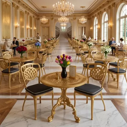 Ay motifli 2 kişilik alümünyum döküm ferforje masa seti gold altın ortamda