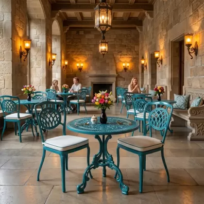 Ay motifli alüminyum döküm sandalye yuvarlak 2 kişilik masa seti turkuaz ortamda