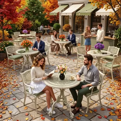 Güneş motifli alüminyum döküm sandalye ferforje masa 2 kişilik set beyaz yeşil patina ortamda