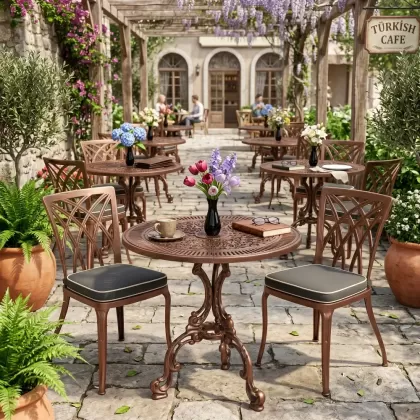 Modern ferforje döküm 2 kişilik masa sandalye akımı bakır eskitme sahada