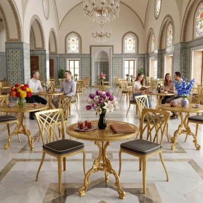 Modern ferforje döküm 2 kişilik masa sandalye akımı gold altın sahada