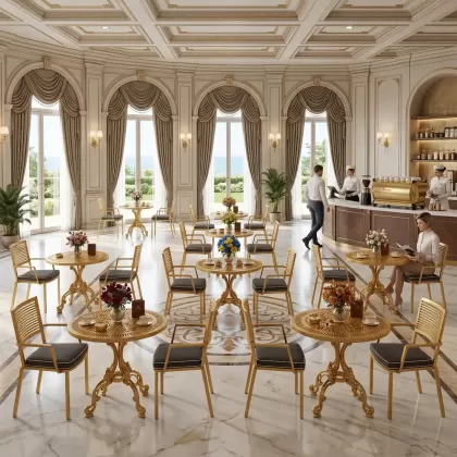 Modern yuvarlak masa 2 döküm sandalye balkon seti gold altın ortamda