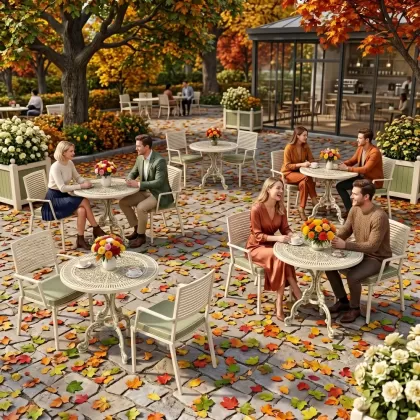 Modern yuvarlak masa 2 döküm sandalye balkon seti yeşil beyaz patina ortamda