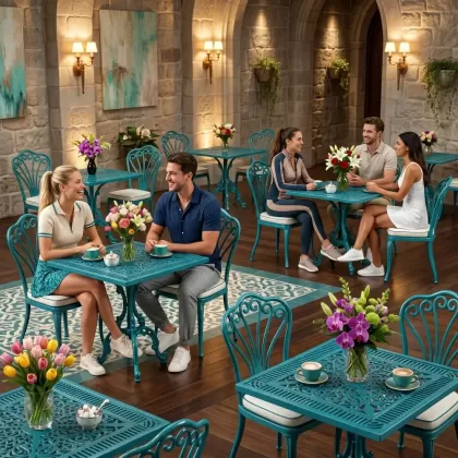 Alüminyum döküm ferforje balkon seti masa sandale takımı turkuaz ortamda