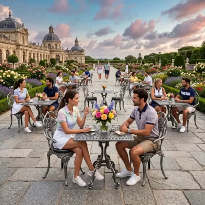 Gül motifli 2 alüminyum döküm ferforje sandalye kare masa seti silver gümüş sahada