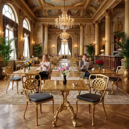 Ay motifli kolsuz 2 sandalye kare döküm ferforje sandalye masa balkon takımı gold altın sahada