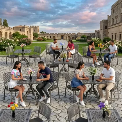 Modern döküm 2 sandalye kare ferforjen masa takımı silver gümüş ortamda