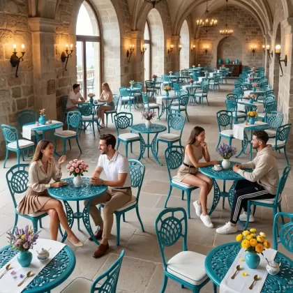 Ay desenli alüminyum döküm 2 sandalye ferforje gül desenli yuvarlak masa takımı turkuaz sahada
