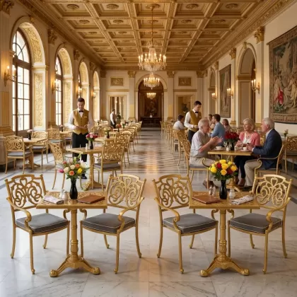Ferforje alüminyum döküm 2 kişilik kare döküm masa sandalye takımı gold altın cafede