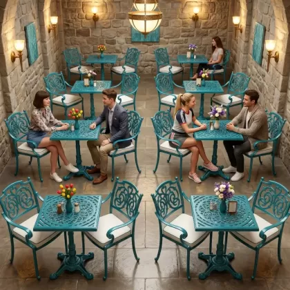 Ferforje alüminyum döküm 2 kişilik kare döküm masa sandalye takımı turkuaz cafede
