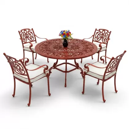 Alüminyum döküm yuvarlak 4 kişilik masa sandalye takımı Renk kiremit kırmızı