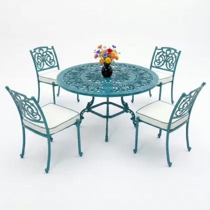 Alüminyum döküm yuvarlak 4 kişilik masa sandalye takımı Renk turkuaz