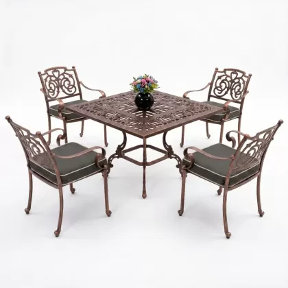 Döküm kare masa ferforje 4 kollu sandalye takımı bakır eskitme