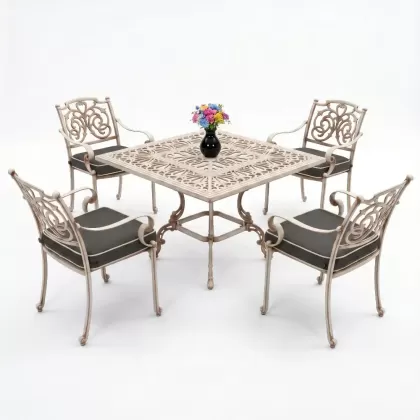Döküm kare masa ferforje 4 kollu sandalye takımı beyaz eskitme