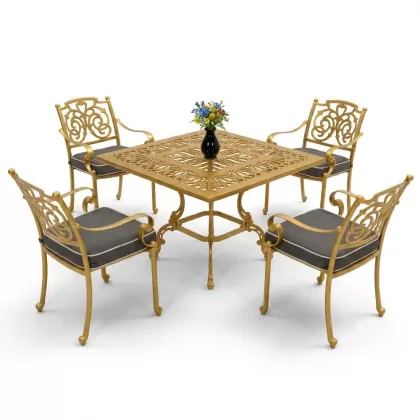 Döküm kare masa ferforje 4 kollu sandalye takımı gold altın