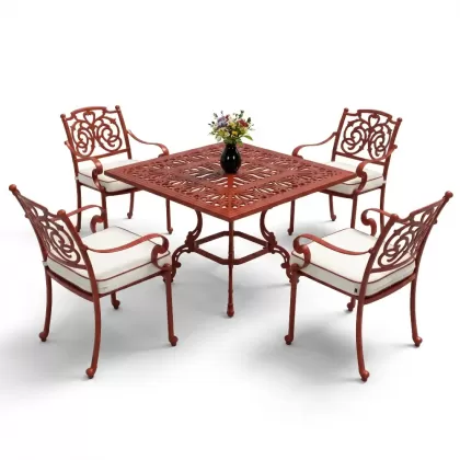 Döküm kare masa ferforje 4 kollu sandalye takımı kiremit kırmızı