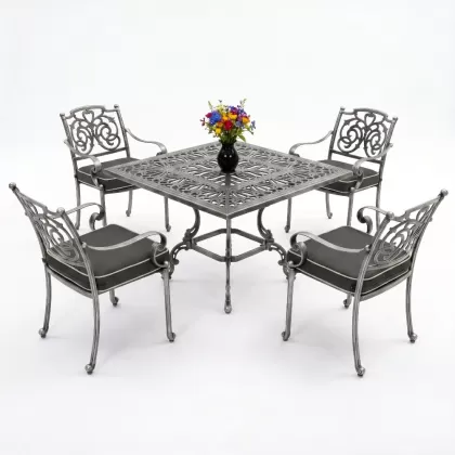 Döküm kare masa ferforje 4 kollu sandalye takımı gümüş gri