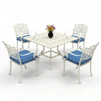 Döküm kare masa ferforje 4 kollu sandalye takımı beyaz