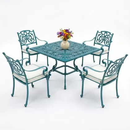 Döküm kare masa ferforje 4 kollu sandalye takımı turkuaz