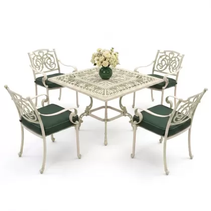 Döküm kare masa ferforje 4 kollu sandalye takımı yeşil patina