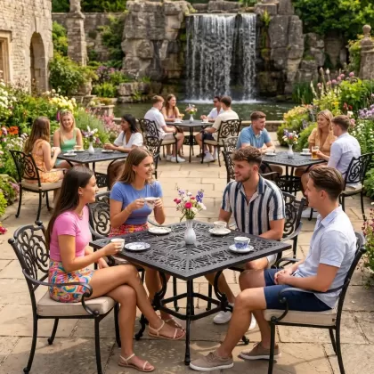 Döküm kare masa ferforje 4 kollu sandalye takımı siyah açık havada