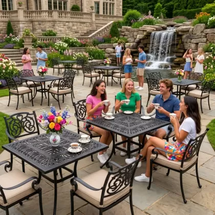 Döküm kare masa ferforje 4 kollu sandalye takımı siyah bahçede