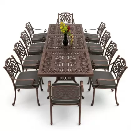 10 kişilik dış mekan bahçe, balkon için alüminyum döküm ferforje kelebek figürlü dikdörtgen masa sandalye takımı bakır eskitme