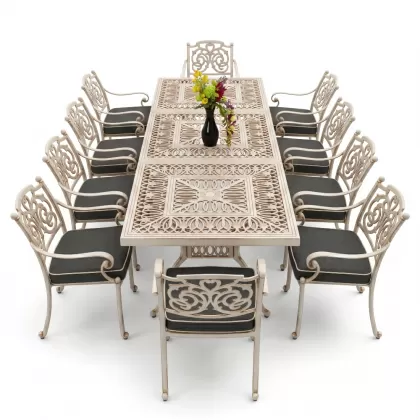 10 kişilik dış mekan bahçe, balkon için alüminyum döküm ferforje kelebek figürlü dikdörtgen masa sandalye takımı beyaz eskitme