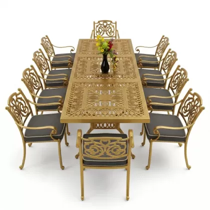10 kişilik dış mekan bahçe, balkon için alüminyum döküm ferforje kelebek figürlü dikdörtgen masa sandalye takımı gold altın