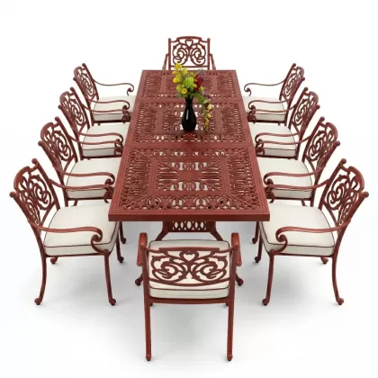 10 kişilik dış mekan bahçe, balkon için alüminyum döküm ferforje kelebek figürlü dikdörtgen masa sandalye takımı kiremit kırmızı