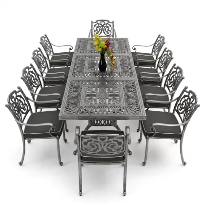10 kişilik dış mekan bahçe, balkon için alüminyum döküm ferforje kelebek figürlü dikdörtgen masa sandalye takımı silver gümüş