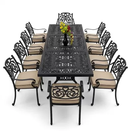 10 kişilik dış mekan bahçe, balkon için alüminyum döküm ferforje kelebek figürlü dikdörtgen masa sandalye takımı siyah