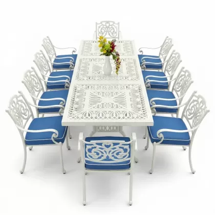 10 kişilik dış mekan bahçe, balkon için alüminyum döküm ferforje kelebek figürlü dikdörtgen masa sandalye takımı beyaz