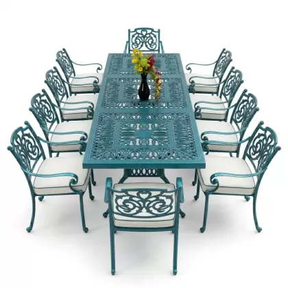 10 kişilik dış mekan bahçe, balkon için alüminyum döküm ferforje kelebek figürlü dikdörtgen masa sandalye takımı turkuaz